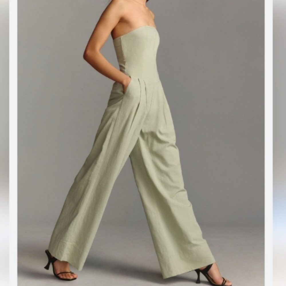 Mon Renn "Evoke" Strapless Wide Leg Jumpsuit In Moss Green